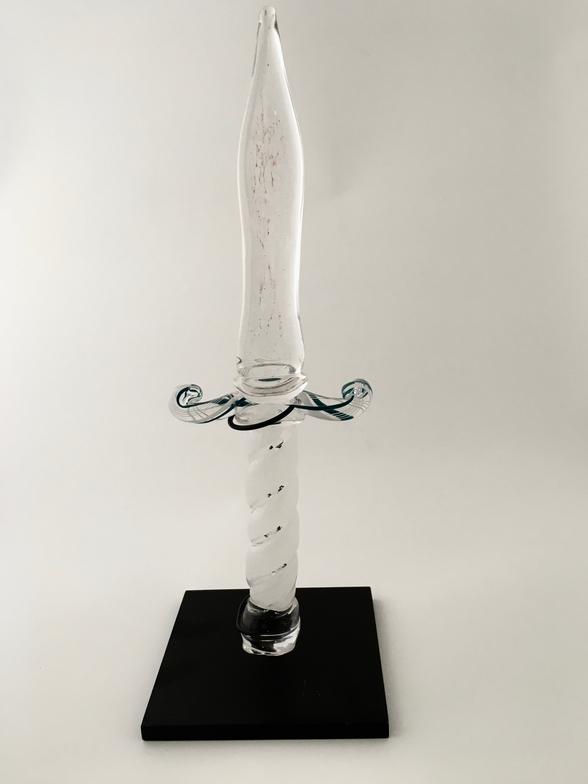 glass dagger with with clear twisted handle and cane cross guardrd